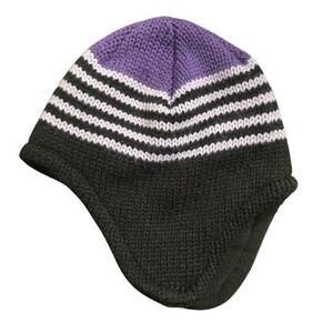 Hot Paws Kids Knit Beanie Hat Purple Black Stripes Ear Flaps Toddler 2-3 Years